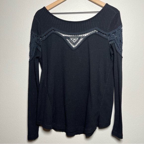 Free People Women Top Small Black Witchy Goth Lace Cutout Long Sleeve Waffle - Picture 1 of 6